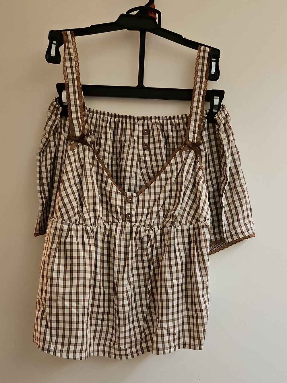 No Boundaries Womens S 4-6 Brown Gingham Plaid Lace Trim Woven Cami Shorts Set